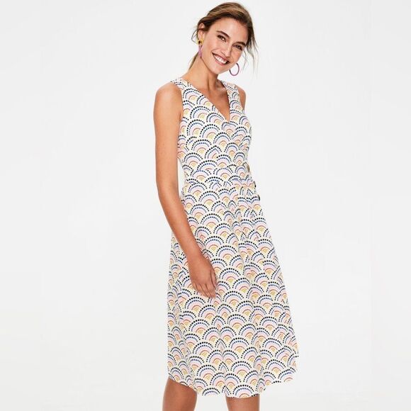 BODEN Arwen Cream Sunshine Print Sleeveless Cotton, Linen Midi Dress Size 14 - Picture 2 of 11